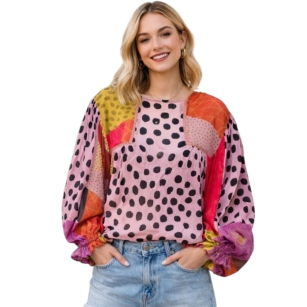 Anthropologie x Bl^nk London Miranda Peasant Blouse Patchwork Mixed Print